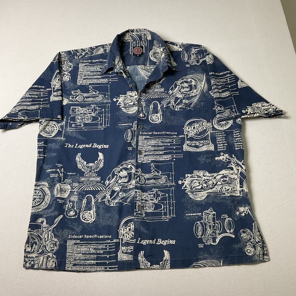 Harley Davidson Hawaiian Style Collared Button Down Blue Mens XL Dress Shirt